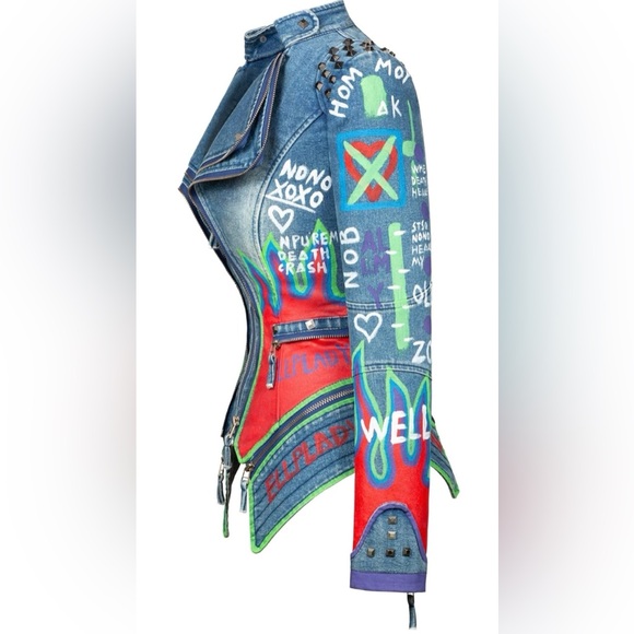 Fashion SX Women's Punk Embroidered short Denim Jacket Hand-painted - Picture 2 of 7